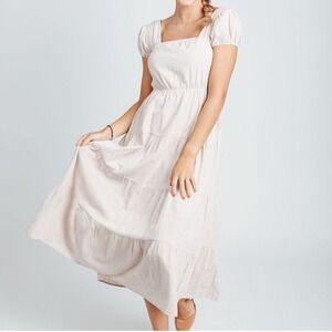 Piper & Scoot Camille Square Neck Cream Midi Dress Natural Linen Blend Large NWT
